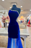 Load image into Gallery viewer, Dark Blue Velvet Tight Short Homecoming Dress with Cape