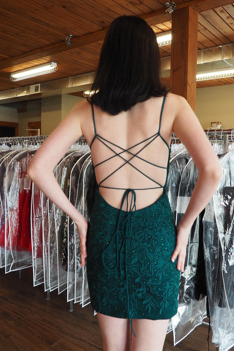 Load image into Gallery viewer, Dark Green Tight Appliqued Short Homecoming Dress with Beading