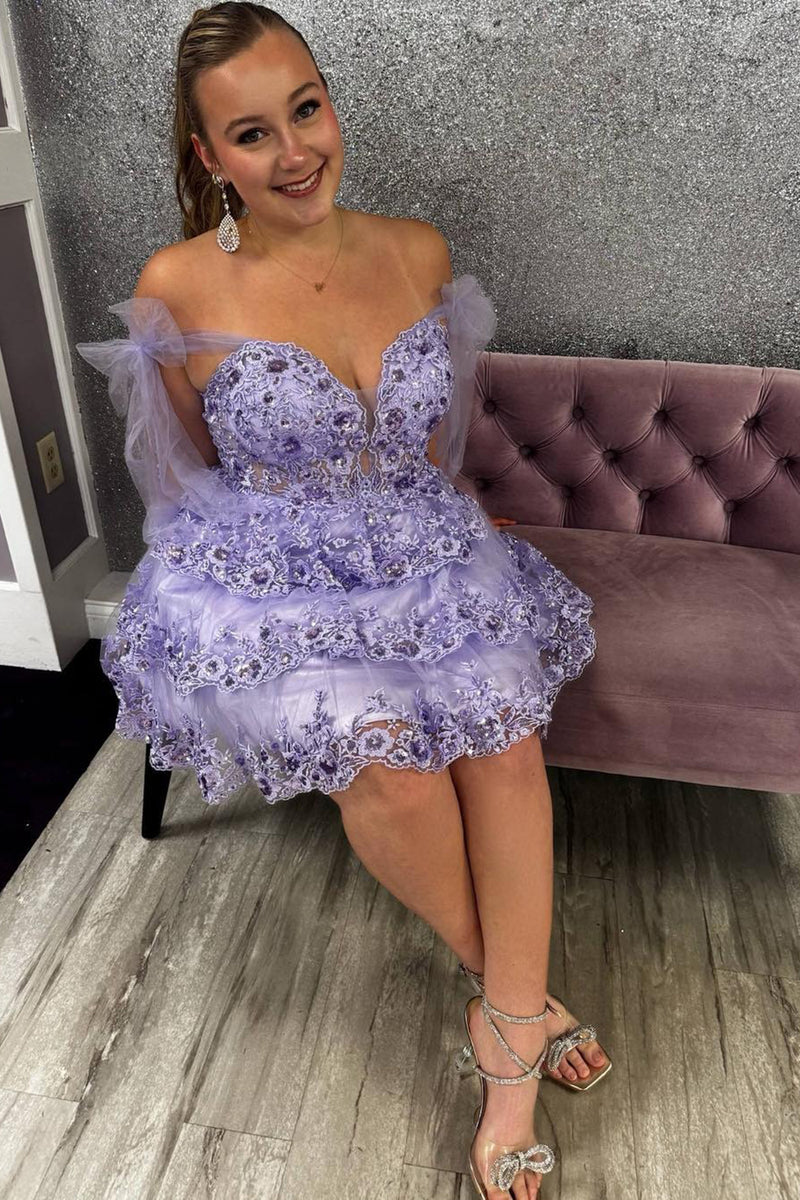 Load image into Gallery viewer, Sparkly Lavender A Line Beaded Short Homecoming Dress with Lace