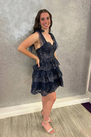 Load image into Gallery viewer, Sparkly Lavender A Line Beaded Short Homecoming Dress with Lace