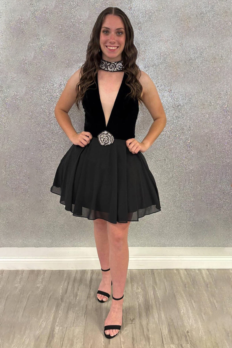 Load image into Gallery viewer, Black A line Deep V-Neck Short Homecoming Dress with Ruffles