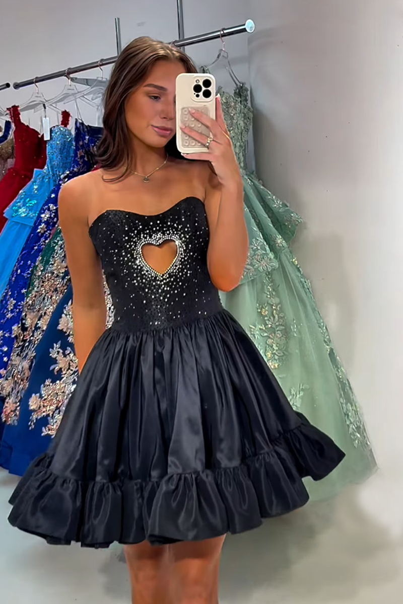 Load image into Gallery viewer, Sparkly Black A line Satin Beaded Short Homecoming Dress with Ruffles