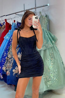 Sparkly Black Tight Ruched Short Corset Homecoming Dress with Bow