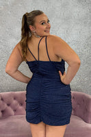 Load image into Gallery viewer, Sparkly Navy Satin Tight Ruched Short Homecoming Dress