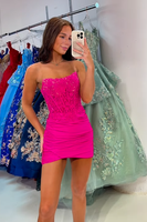 Load image into Gallery viewer, Fuchsia Ruched Tight Appliqued Short Corset Homecoming Dress