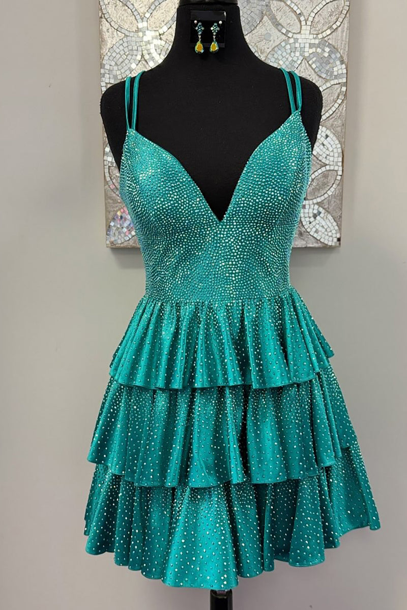 Load image into Gallery viewer, Sparkly Green Satin A Line Beaded Tiered Short Homecoming Dress
