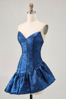 Load image into Gallery viewer, Dark Blue Corset Metallic Strapless Asymmetrical Homecoming Dress