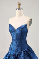Load image into Gallery viewer, Dark Blue Corset Metallic Strapless Asymmetrical Homecoming Dress