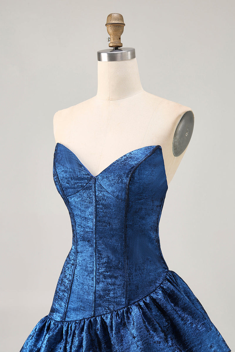 Load image into Gallery viewer, Dark Blue Corset Metallic Strapless Asymmetrical Homecoming Dress