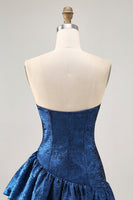 Load image into Gallery viewer, Dark Blue Corset Metallic Strapless Asymmetrical Homecoming Dress