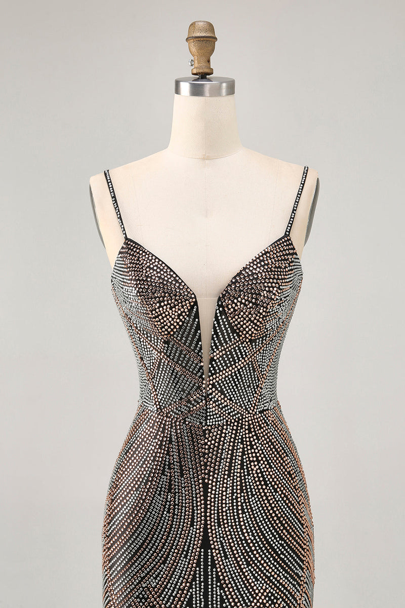 Load image into Gallery viewer, Sparkly Black Backless Tight Short Homecoming Dress with Beading