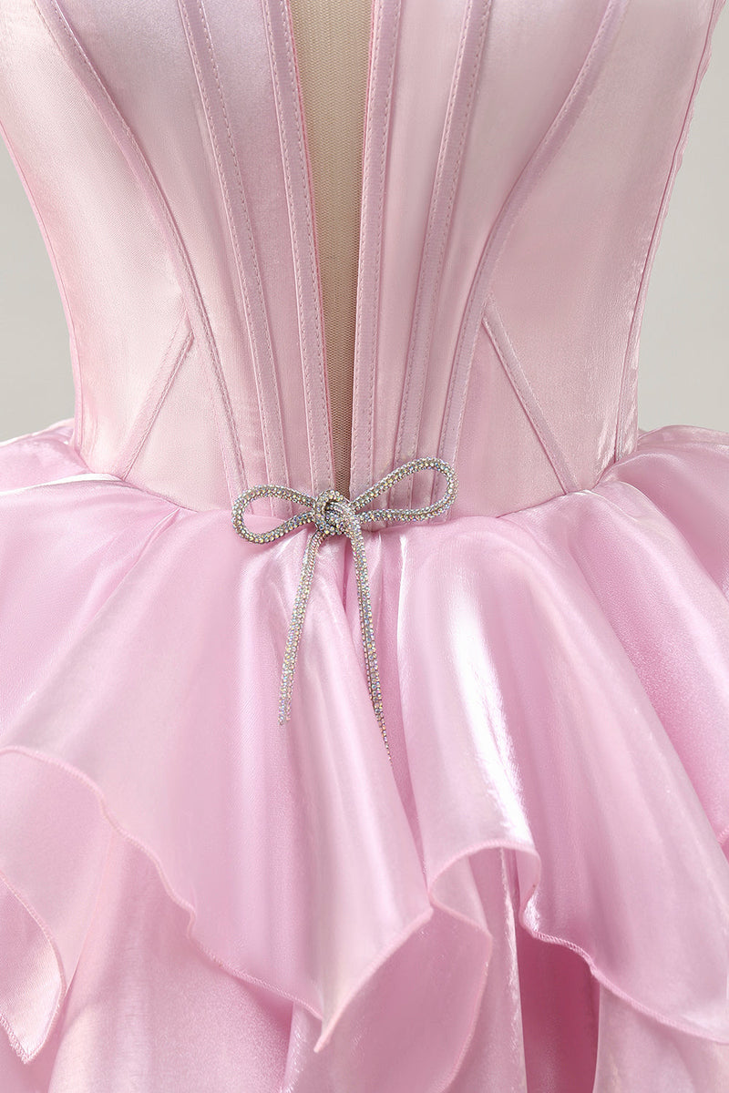 Load image into Gallery viewer, Pink A Line Tiered Short Corset Homecoming Dress with Ruffles
