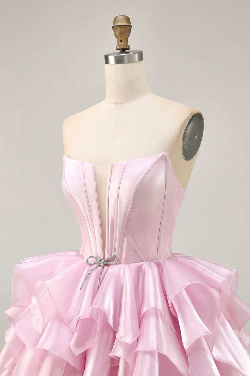 Load image into Gallery viewer, Pink A Line Tiered Short Corset Homecoming Dress with Ruffles