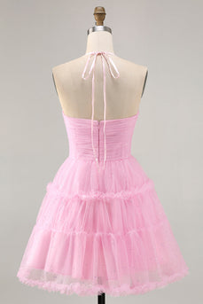 Pink Ruffled Glitter Short Homecoming Dress with Keyhole