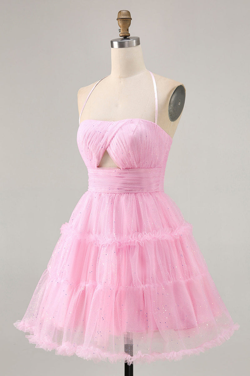 Load image into Gallery viewer, Pink Ruffled Glitter Short Homecoming Dress with Keyhole