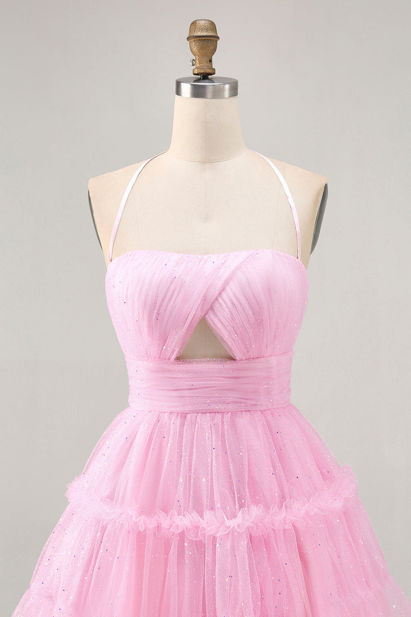 Load image into Gallery viewer, Pink Ruffled Glitter Short Homecoming Dress with Keyhole