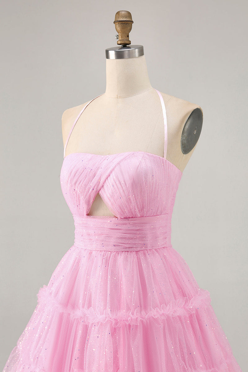 Load image into Gallery viewer, Pink Ruffled Glitter Short Homecoming Dress with Keyhole
