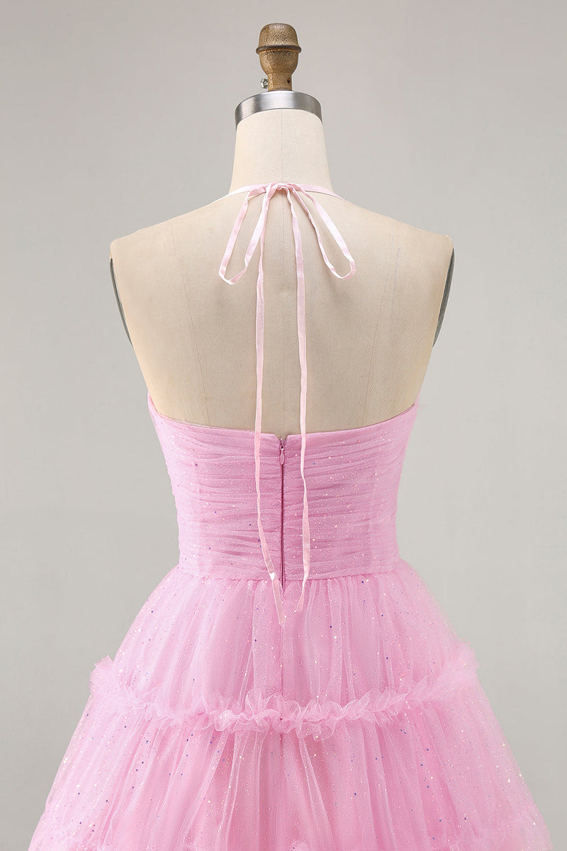 Load image into Gallery viewer, Pink Ruffled Glitter Short Homecoming Dress with Keyhole