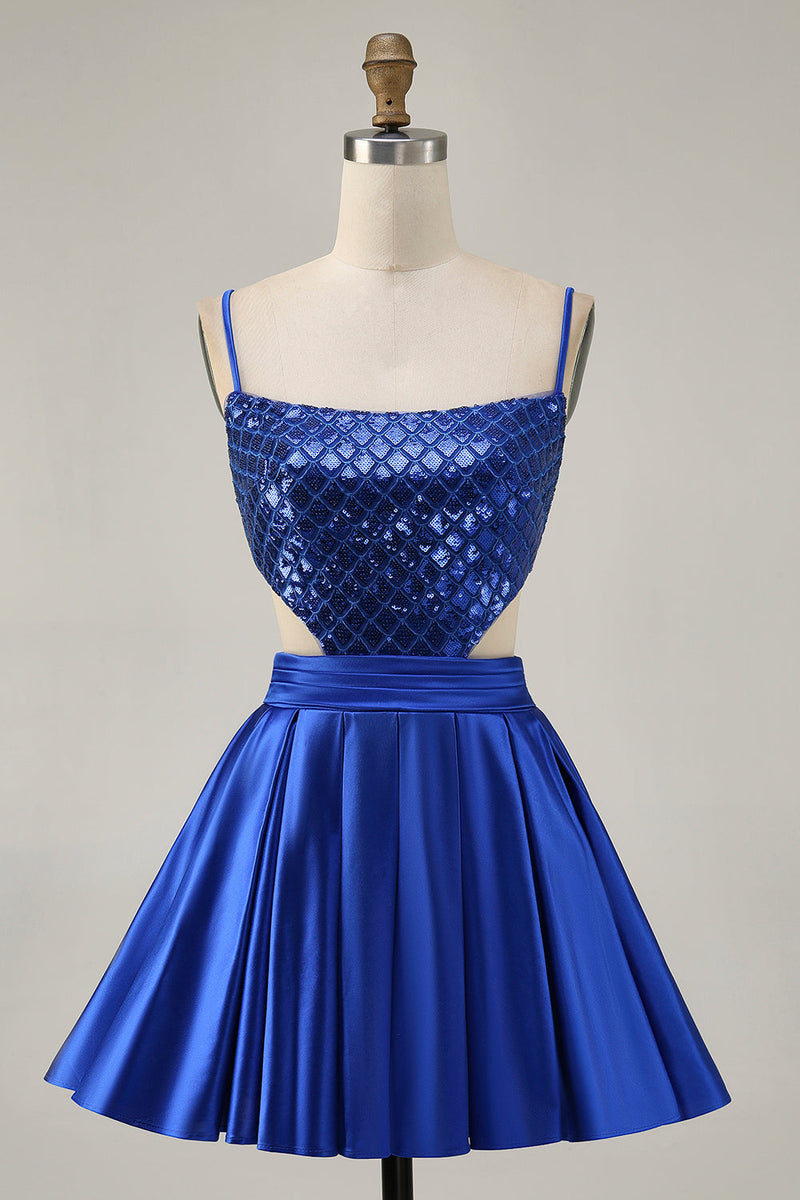 Load image into Gallery viewer, Sparkly Royal Blue A Line Satin Sequins Short Homecoming Dress