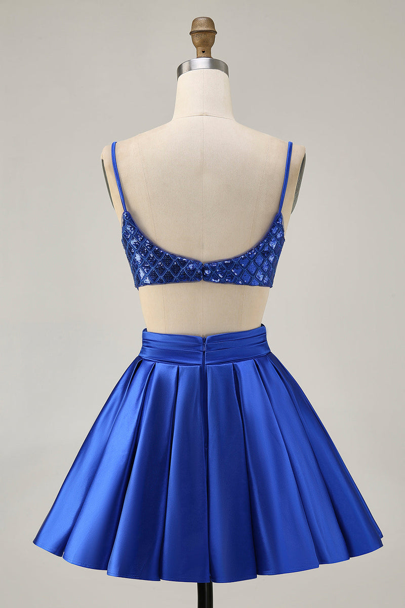 Load image into Gallery viewer, Sparkly Royal Blue A Line Satin Sequins Short Homecoming Dress