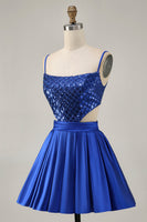 Load image into Gallery viewer, Sparkly Royal Blue A Line Satin Sequins Short Homecoming Dress