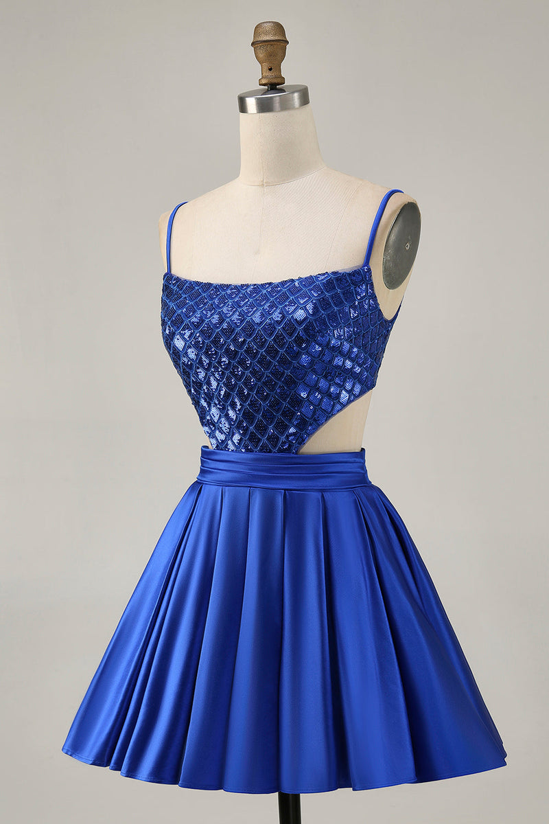 Load image into Gallery viewer, Sparkly Royal Blue A Line Satin Sequins Short Homecoming Dress