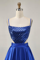Load image into Gallery viewer, Sparkly Royal Blue A Line Satin Sequins Short Homecoming Dress