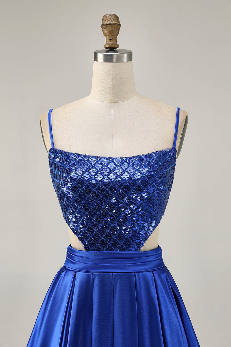 Load image into Gallery viewer, Sparkly Royal Blue A Line Satin Sequins Short Homecoming Dress