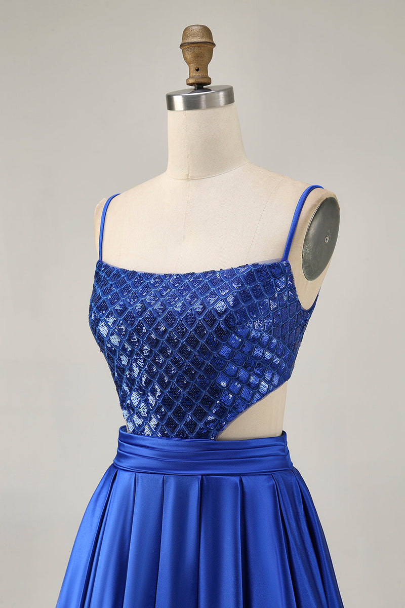 Load image into Gallery viewer, Sparkly Royal Blue A Line Satin Sequins Short Homecoming Dress