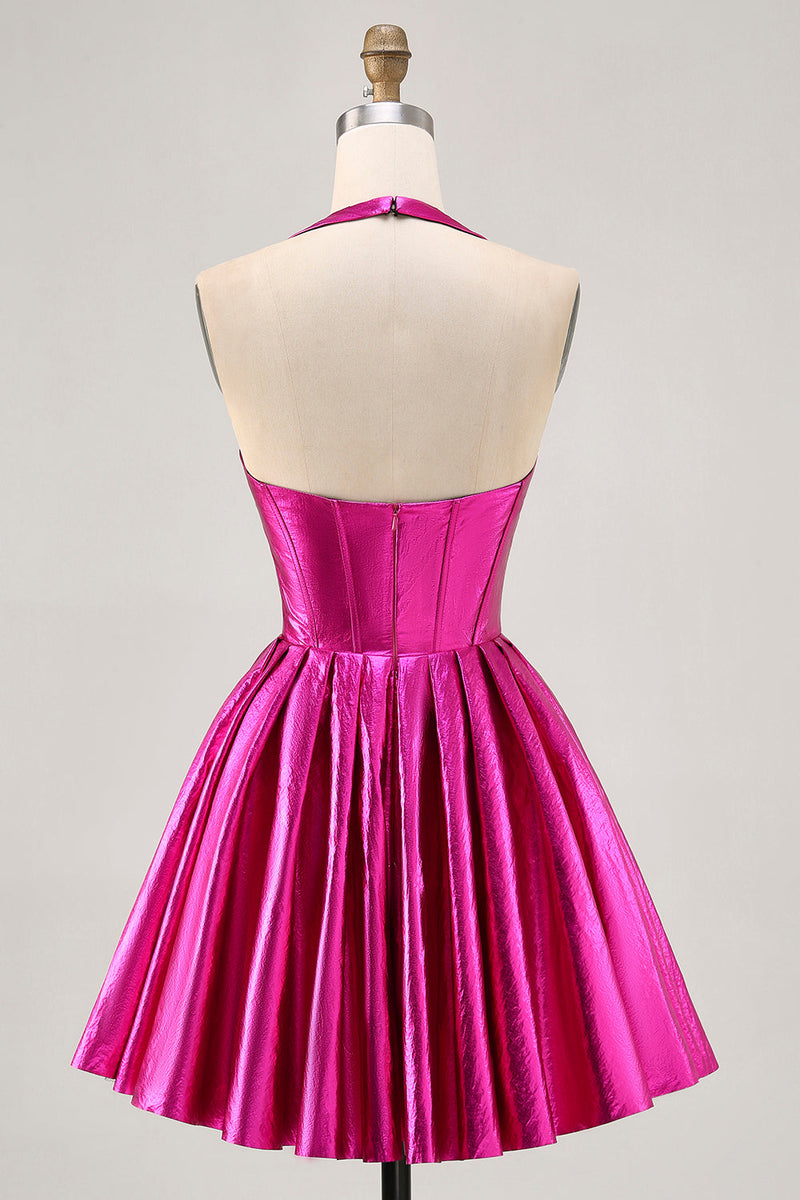 Load image into Gallery viewer, Fuchsia Metallic Corset A Line Halter Short Homecoming Dress