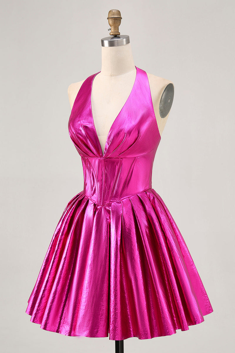 Load image into Gallery viewer, Fuchsia Metallic Corset A Line Halter Short Homecoming Dress