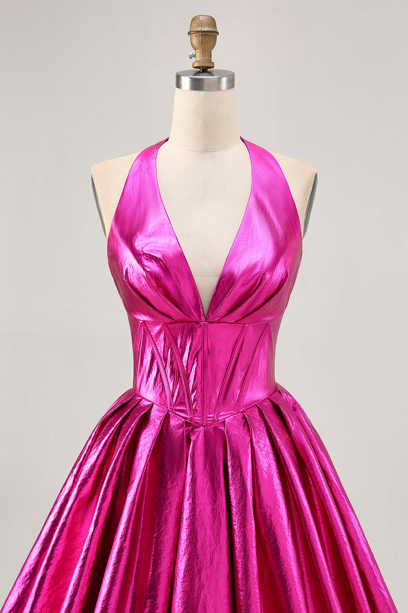 Load image into Gallery viewer, Fuchsia Metallic Corset A Line Halter Short Homecoming Dress