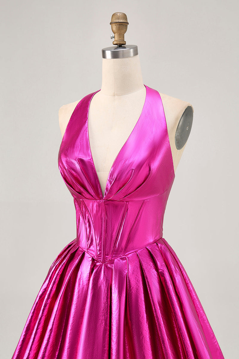 Load image into Gallery viewer, Fuchsia Metallic Corset A Line Halter Short Homecoming Dress