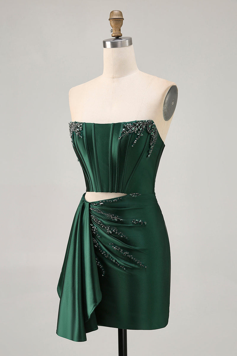 Load image into Gallery viewer, Sparkly Dark Green Corset Short Tight Homecoming Dress with Sash
