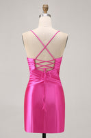 Load image into Gallery viewer, Fuchsia Satin Tight Keyhole Short Homecoming Dress with Bow