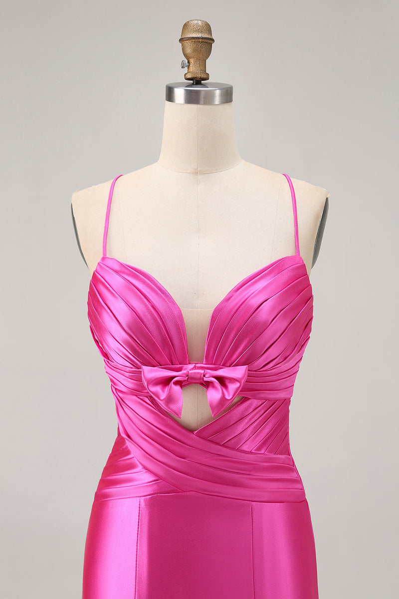 Load image into Gallery viewer, Fuchsia Satin Tight Keyhole Short Homecoming Dress with Bow