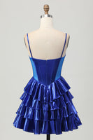 Load image into Gallery viewer, Sparkly Royal Blue Ruffled Corset Metallic Short Homecoming Dress with Bows