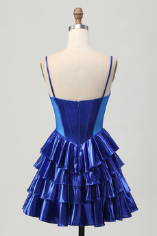 Sparkly Royal Blue Ruffled Corset Metallic Short Homecoming Dress with Bows