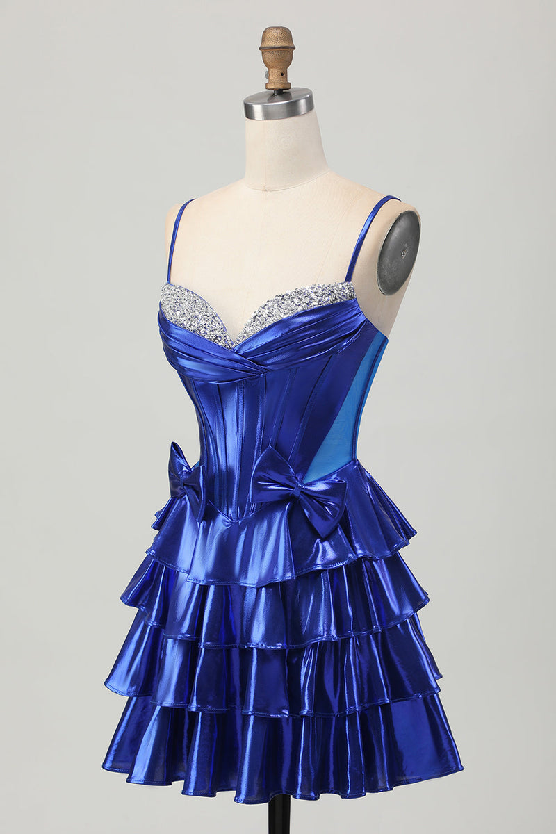 Load image into Gallery viewer, Sparkly Royal Blue Ruffled Corset Metallic Short Homecoming Dress with Bows