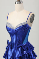 Load image into Gallery viewer, Sparkly Royal Blue Ruffled Corset Metallic Short Homecoming Dress with Bows
