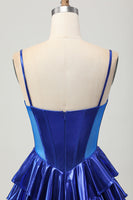 Load image into Gallery viewer, Sparkly Royal Blue Ruffled Corset Metallic Short Homecoming Dress with Bows
