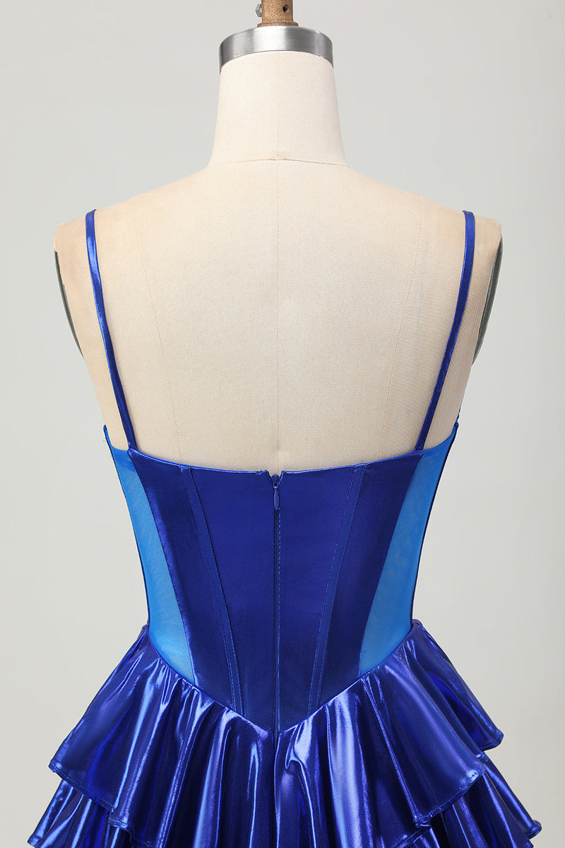 Load image into Gallery viewer, Sparkly Royal Blue Ruffled Corset Metallic Short Homecoming Dress with Bows