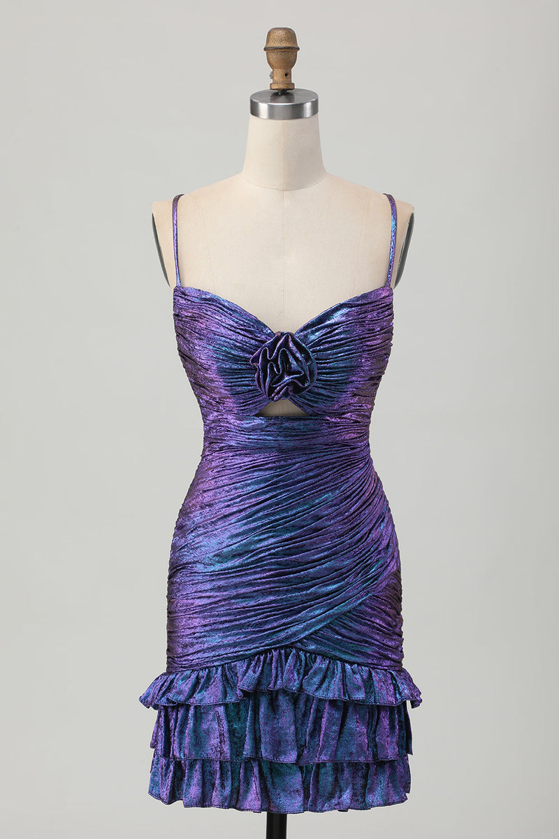 Load image into Gallery viewer, Sparkly Blue and Purple Metallic Floral Tight Short Homecoming Dress with Ruffles
