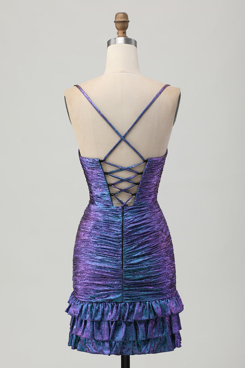 Load image into Gallery viewer, Sparkly Blue and Purple Metallic Floral Tight Short Homecoming Dress with Ruffles