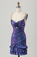 Load image into Gallery viewer, Sparkly Blue and Purple Metallic Floral Tight Short Homecoming Dress with Ruffles
