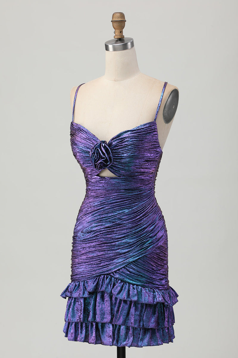 Load image into Gallery viewer, Sparkly Blue and Purple Metallic Floral Tight Short Homecoming Dress with Ruffles