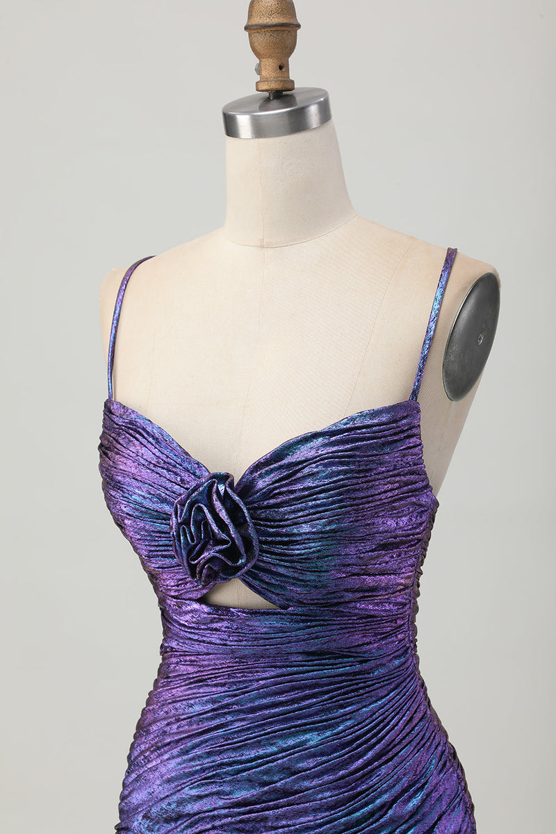 Load image into Gallery viewer, Sparkly Blue and Purple Metallic Floral Tight Short Homecoming Dress with Ruffles