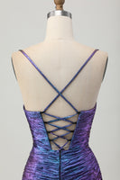 Load image into Gallery viewer, Sparkly Blue and Purple Metallic Floral Tight Short Homecoming Dress with Ruffles