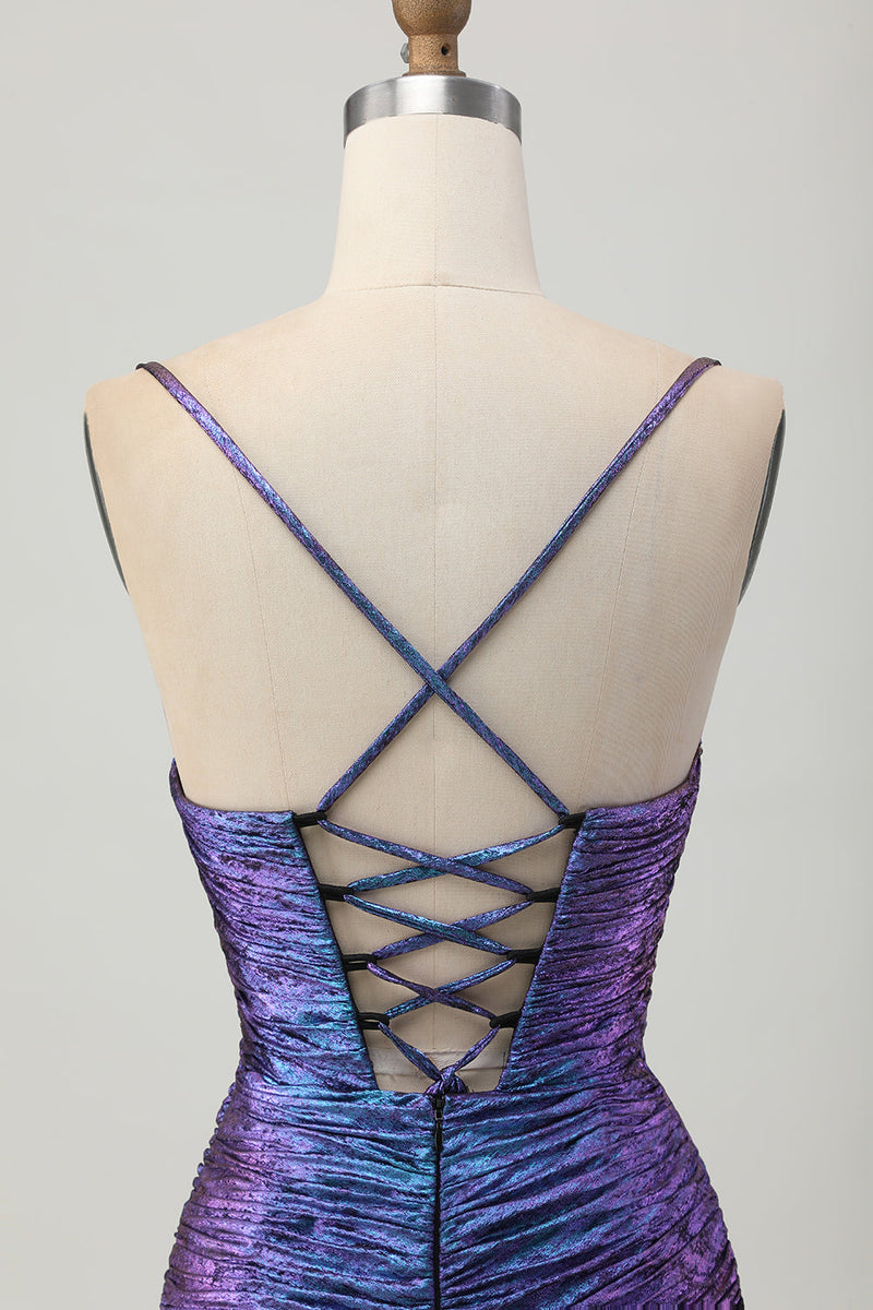 Load image into Gallery viewer, Sparkly Blue and Purple Metallic Floral Tight Short Homecoming Dress with Ruffles