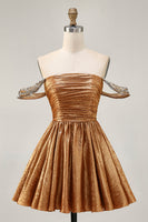 Load image into Gallery viewer, Sparkly Golden Metallic Ruched A Line Short Homecoming Dress